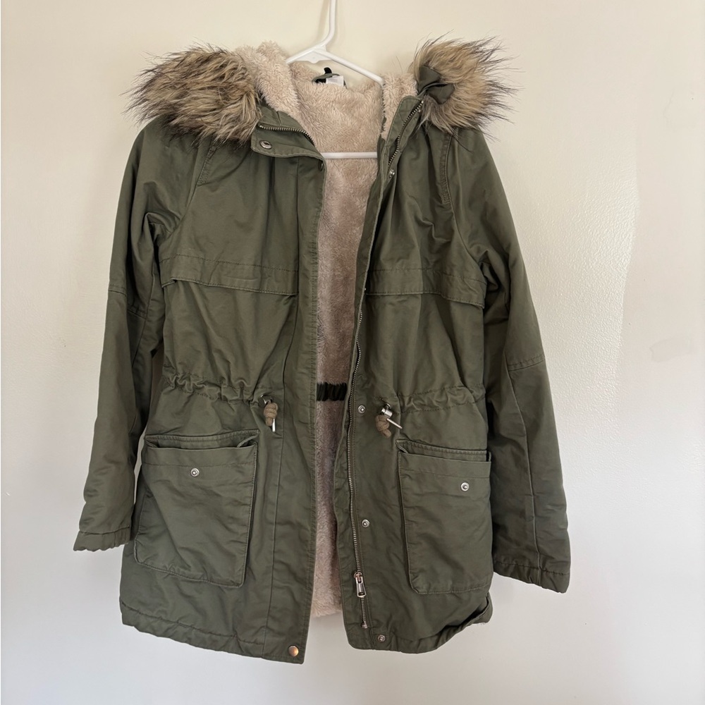 Divided Olive Utility Jacket with Faux Fur Trim
